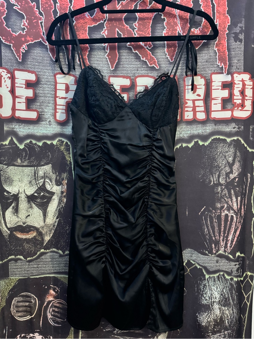 Superdown Black Satin Lace Slip Dress with Ruched Front